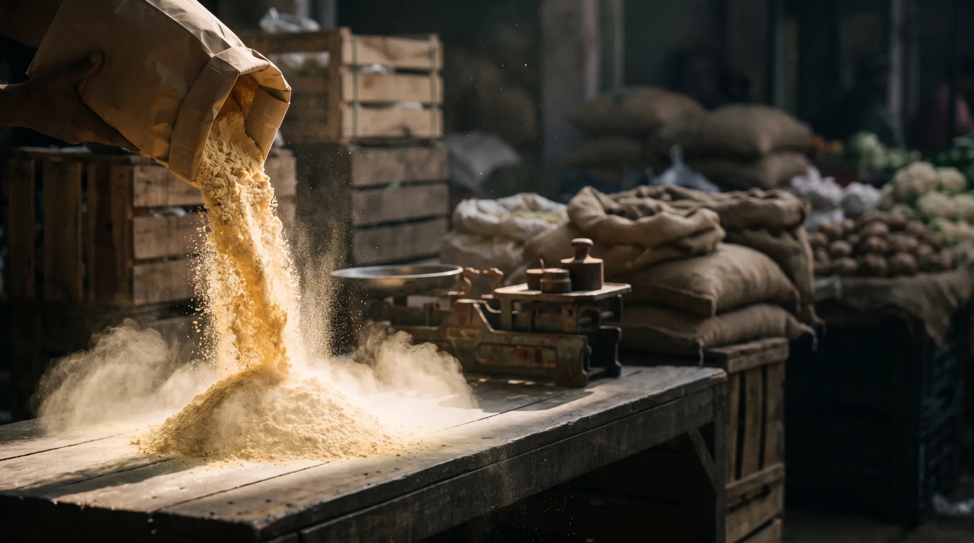 A sack of besan spilling in a wholesale market