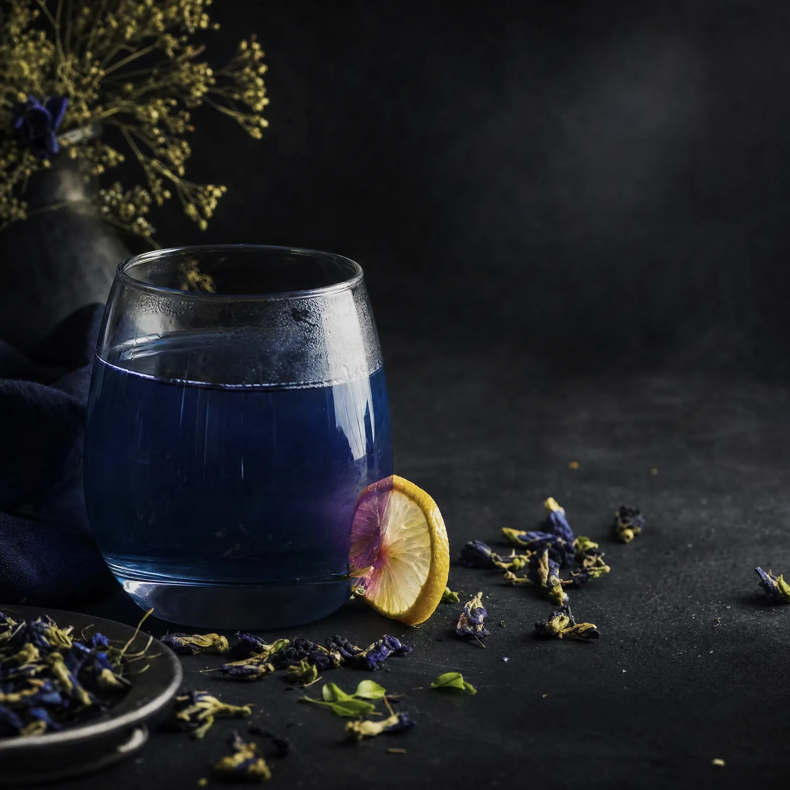 A glass of blue butterfly pea tea with lemon
